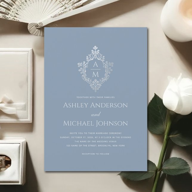 Dusty Blue Wedding Crest Vintage Monogram Elegant  Invitation (Creator Uploaded)
