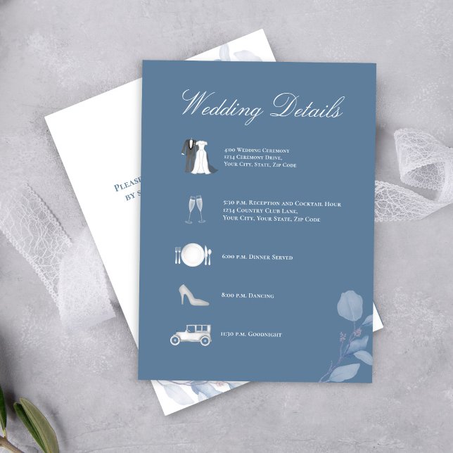 Dusty Blue Wedding Details QR Code Enclosure Card (Dusty blue wedding details card with elegant script and timeline icons for a refined look.)