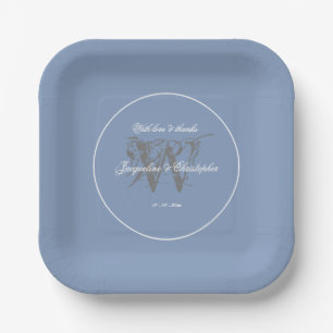 Dusty Blue Wedding Elegant Grey Monogram Paper Plate