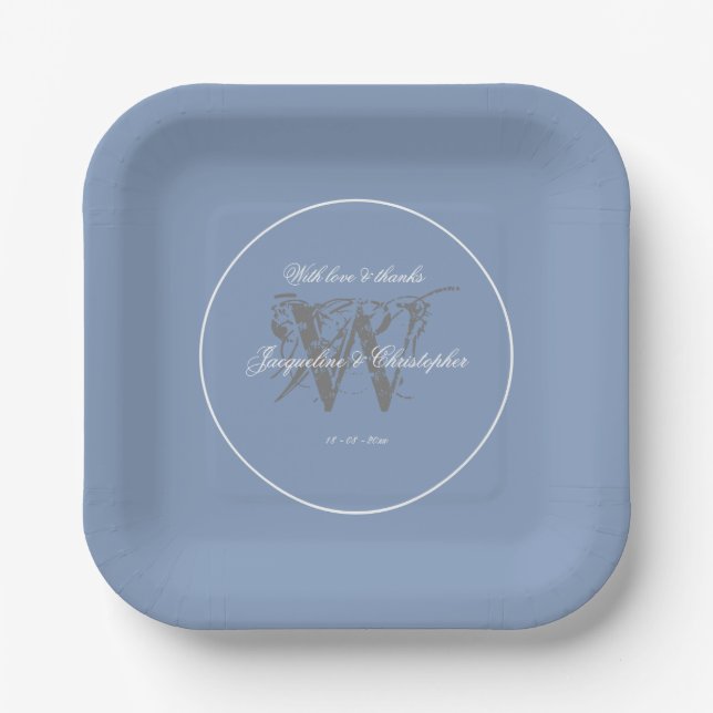 Dusty Blue Wedding Elegant Grey Monogram   Paper Plate (Front)