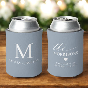 Dusty Blue Wedding Favour Monogram Name Heart Can Cooler