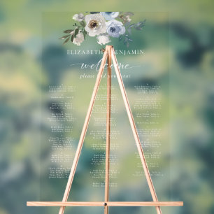 Dusty Blue Wedding Floral Alphabetical Seating Acrylic Sign