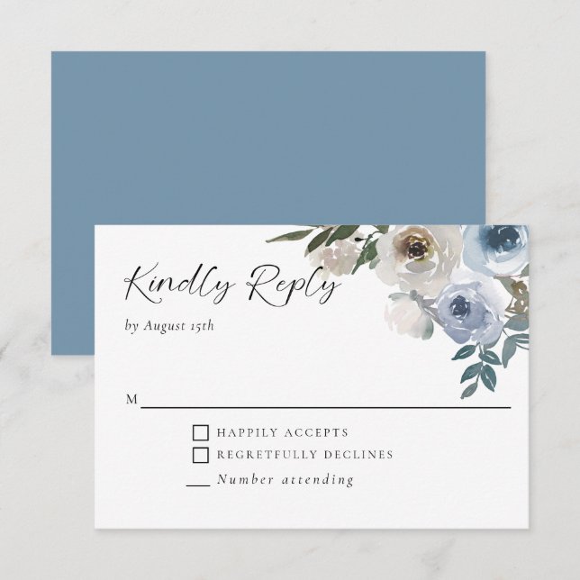 Dusty Blue Wedding Floral Elegant Kindly Reply RSVP Card (Front/Back)