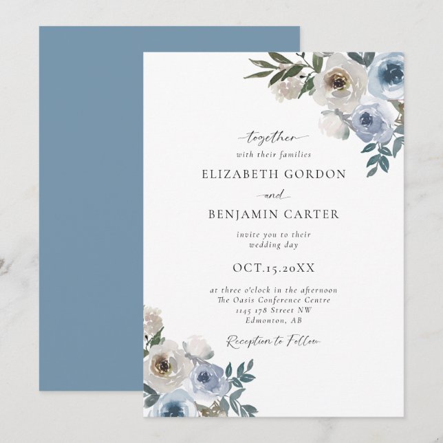 Dusty Blue Wedding Floral Elegant Script Rustic Invitation (Front/Back)