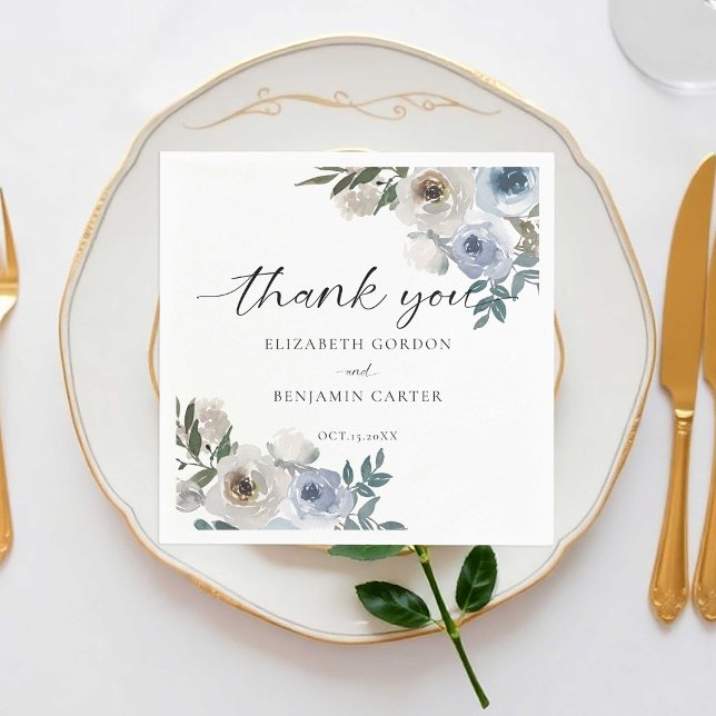 Dusty Blue Wedding Floral Elegant Script Rustic  Napkin (Creator Uploaded)