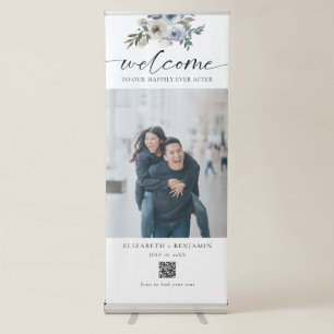 Dusty Blue Wedding Floral Photo Welcome QR Code Retractable Banner