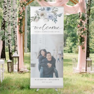 Dusty Blue Wedding Floral Photo Welcome Retractable Banner