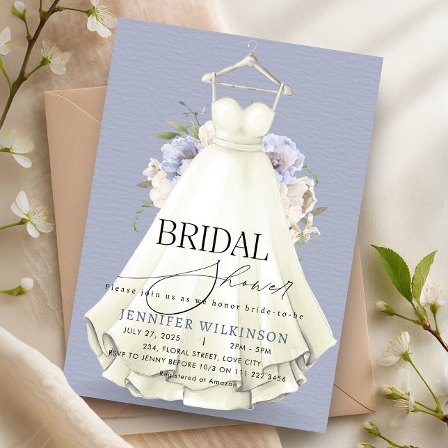 Dusty Blue Wedding Gown Dress Bridal Shower Invitation (Dusty Blue Wedding Gown Dress Bridal Shower Invitation)
