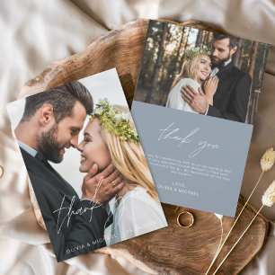Dusty Blue Wedding Handwritten Thank You 2 Photos  Card