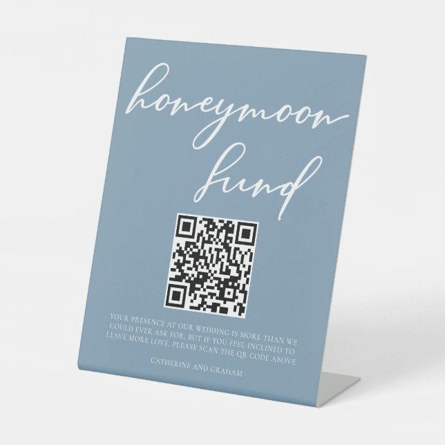 Dusty Blue Wedding Honeymoon Fund QR Code Pedestal Sign (Front)