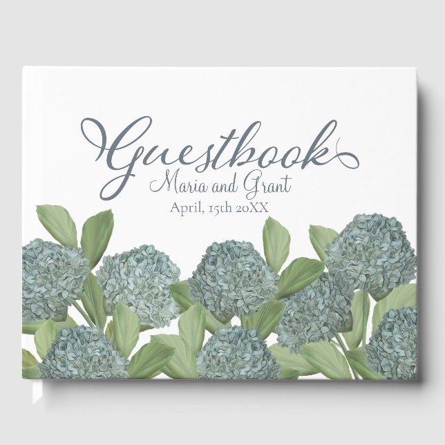 Dusty Blue Wedding Hydrangea Botanical Floral Guest Book (Front)