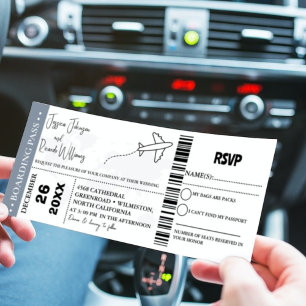 Dusty blue Wedding invitation Boarding pass ticket