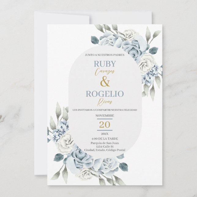 Dusty Blue Wedding Invitation in Spanish (Front)
