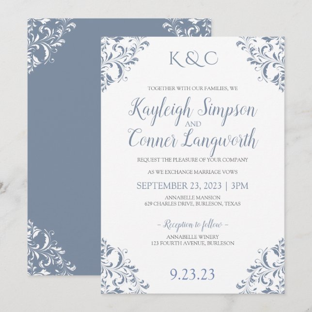 Dusty Blue Wedding Invitations | Elegant & Vintage (Front/Back)