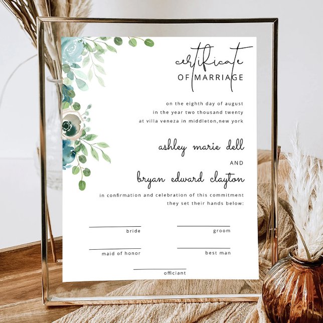 Dusty Blue Wedding Marriage Certificate Card Poster (Creator Uploaded)