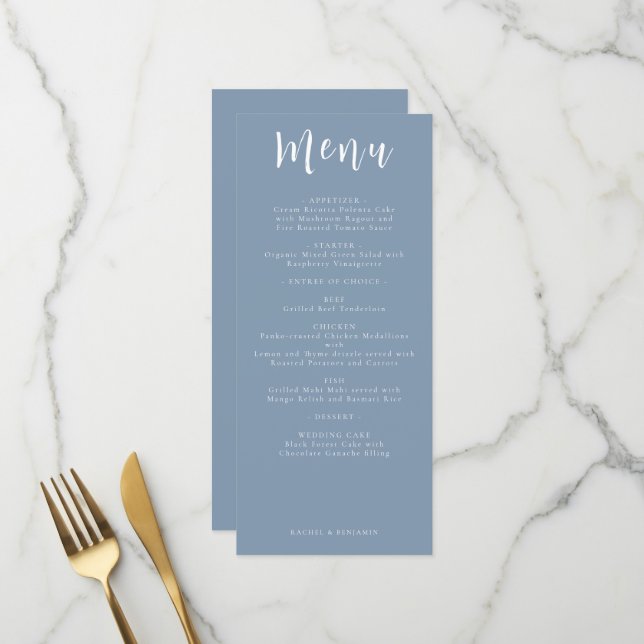 Dusty Blue Wedding Menu Elegant Reception Dinner (Front/Back In Situ)