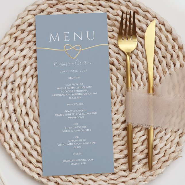 Dusty Blue Wedding Menu with Gold Rope Heart (Creator Uploaded)