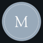 Dusty Blue | Wedding Monogram Classic Round Sticker<br><div class="desc">This simple yet elegant wedding sticker features a trendy,  dusty blue background with your initial in modern white text,  and a matching white circular frame. It is made to coordinate perfectly with our "subtle watercolor roses" wedding collection.</div>