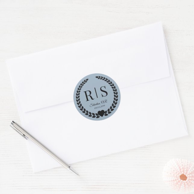 Dusty Blue Wedding Monogram Initials Classic Round Sticker (Envelope)
