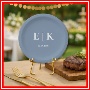 Dusty Blue Wedding   Monogram Paper Plate