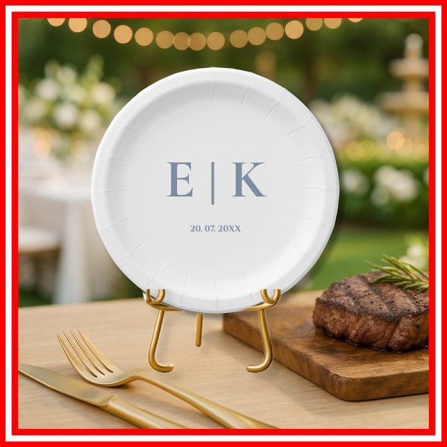 Dusty Blue Wedding | Monogram Paper Plate (Creator Uploaded)