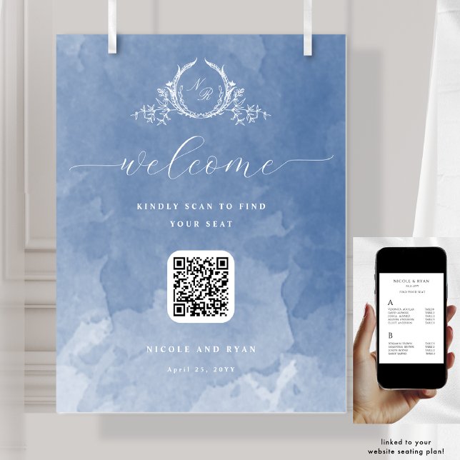 Dusty Blue Wedding Monogram QR code Seating Sign (Creator Uploaded)