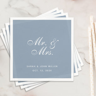 Dusty Blue Wedding Mr. and Mrs. White Calligraphy Napkin