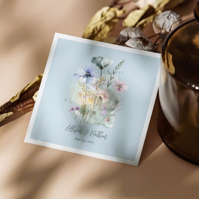 Dusty Blue Wedding Napkins with Blush Wildflowers (Personalized Dusty Blue Wedding Napkins with Blush Wildflowers)