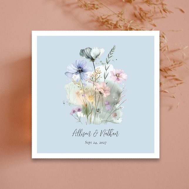 Dusty Blue Wedding Napkins with Blush Wildflowers (Dusty Blue Wedding Napkins with Blush Wildflowers)