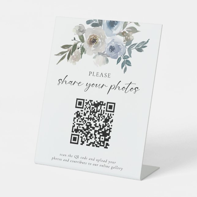 Dusty Blue Wedding Photos QR Code Welcome Script Pedestal Sign (Front)