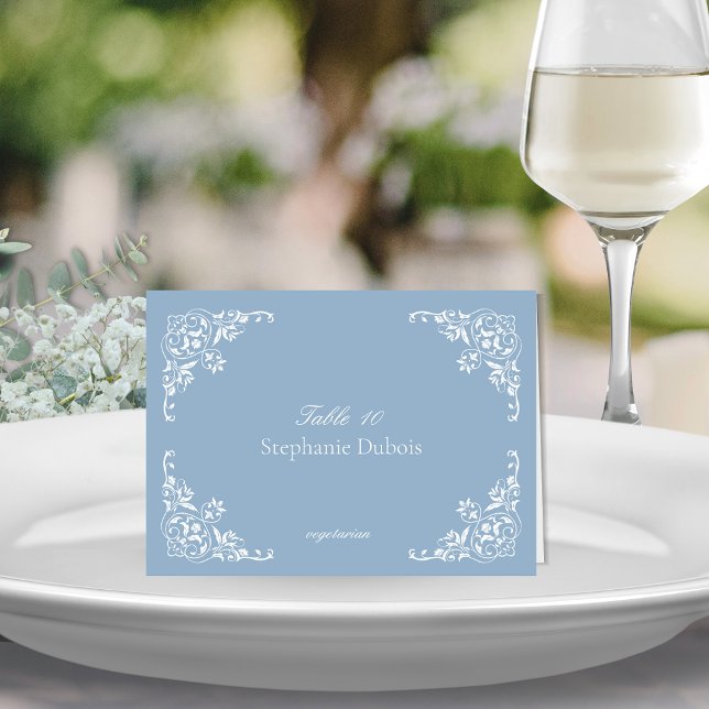 Dusty Blue Wedding Place Cards with Meal Choice (Elegant dusty blue and white wedding place card with meal choice from menu for romantic shabby chic)