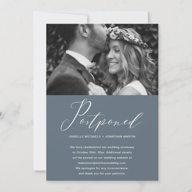 Dusty Blue Wedding Postponement New Date Photo Announcement (Front)