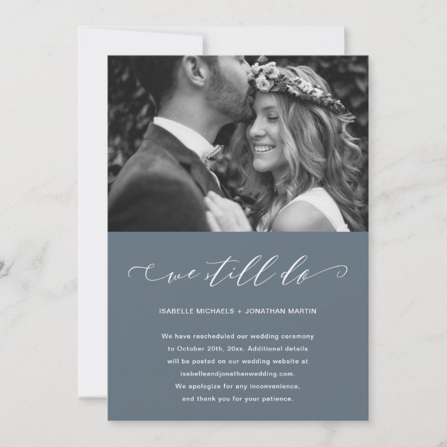 Dusty Blue Wedding Postponement We Still Do Photo Announcement (Front)