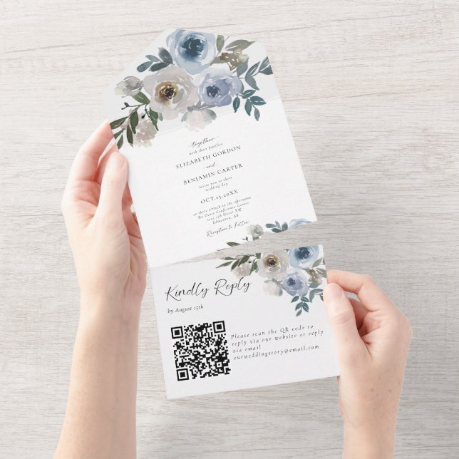 Dusty Blue Wedding QR Code Floral Elegant Spring  All In One Invitation (Tearaway)