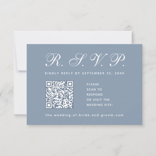 Dusty Blue Wedding QR Code Simple Calligraphy      RSVP Card (Front)