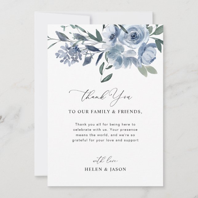 Dusty Blue Wedding Reception Table Thank You Card (Front)