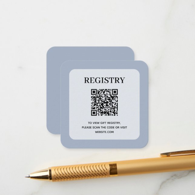 Dusty Blue Wedding Registry QR Code Enclosure Card (Front/Back In Situ)