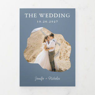 Dusty Blue Wedding RSVP Details QR Code Photo Tri-Fold Invitation