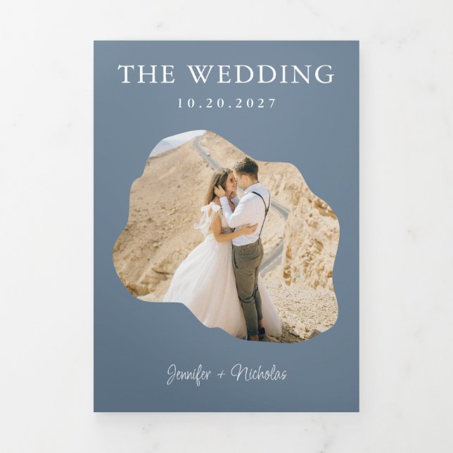 Dusty Blue Wedding RSVP Details QR Code Photo Tri-Fold Invitation (Cover)