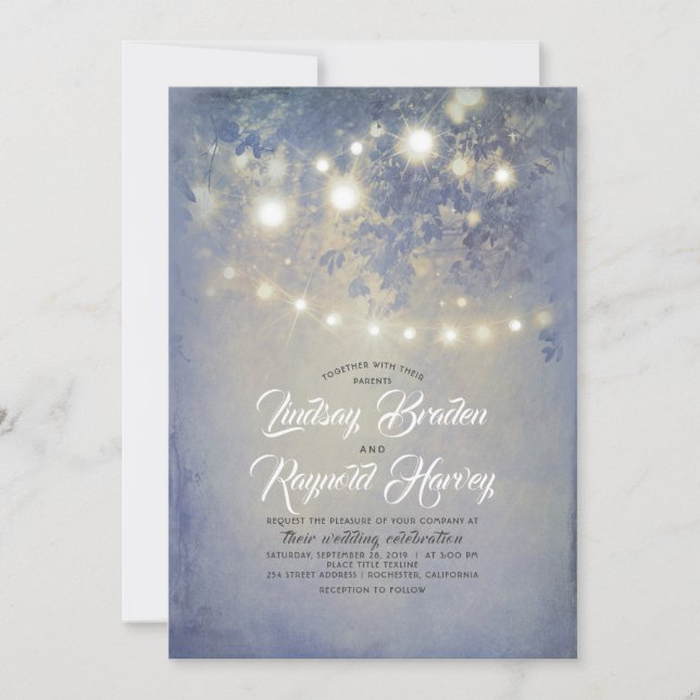 Dusty Blue Wedding | Rustic String Lights Invitation (Front)