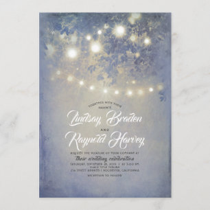 Dusty Blue Wedding   Rustic String Lights Invitation