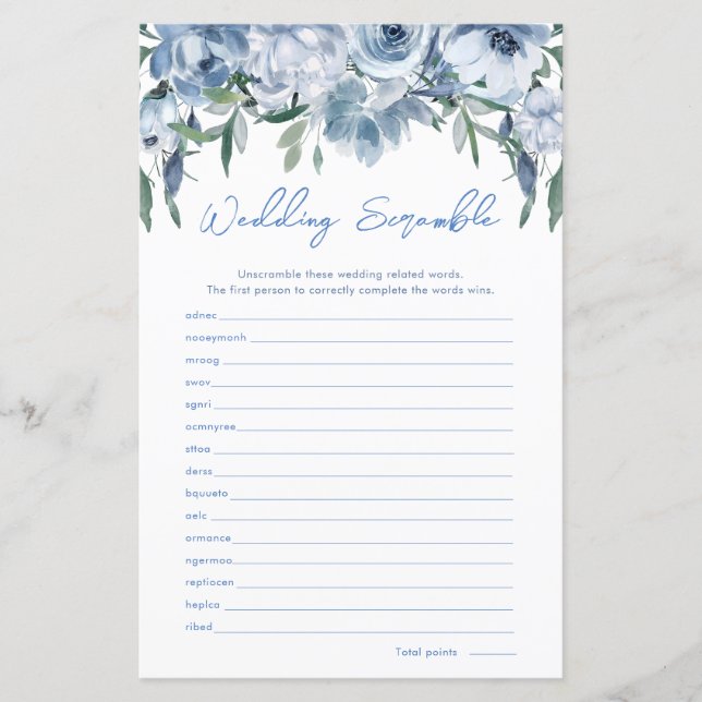Dusty Blue Wedding Scramble Bridal Shower Game (Front)