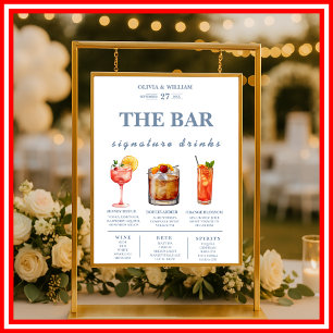 Dusty Blue Wedding Signature Drinks Bar Menu  Poster