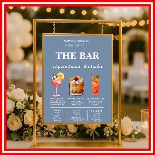 Dusty Blue Wedding Signature Drinks Bar Menu  Poster