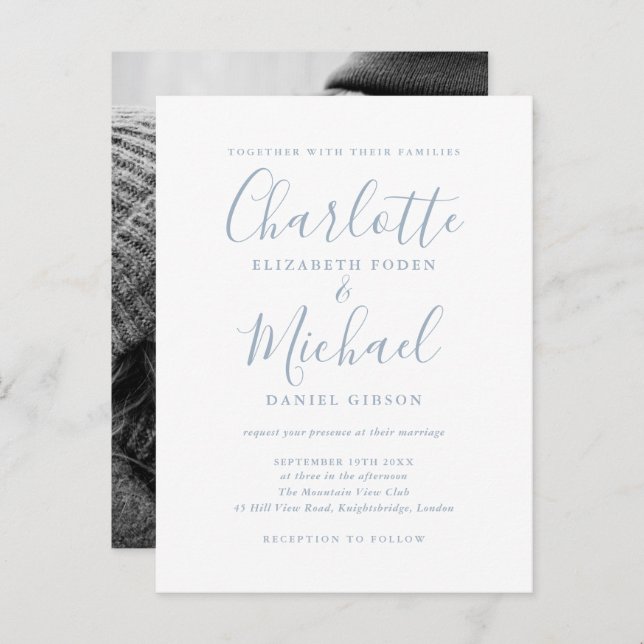 Dusty Blue Wedding Signature Script Invitation (Front/Back)