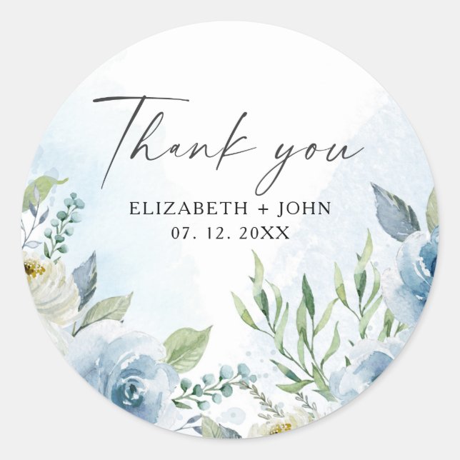 Dusty Blue Wedding Thank You Classic Round Sticker (Front)