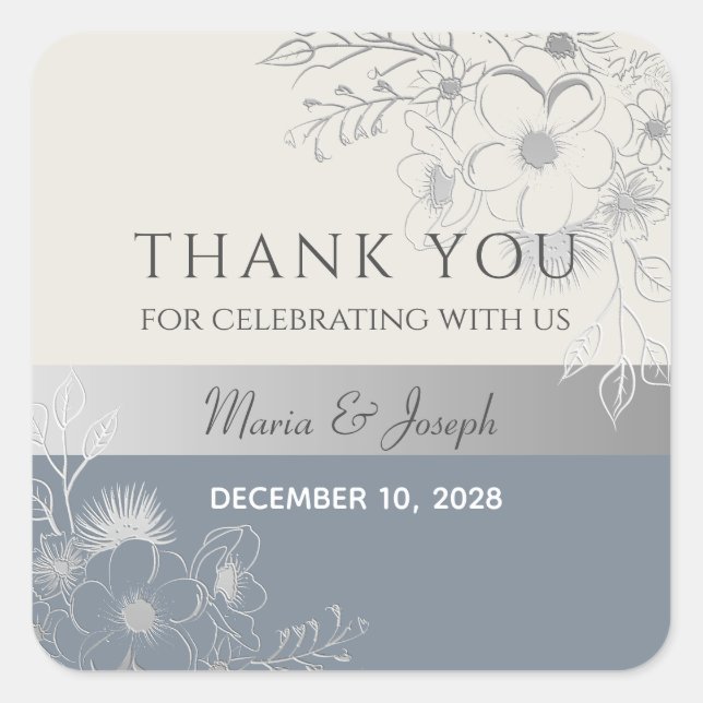  Dusty Blue Wedding Thank You Favour Square Sticker (Front)