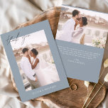 Dusty Blue Wedding Thank You Photo Minimalist<br><div class="desc">Dusty Blue Romantic Wedding Thank You Cards that have a photo on the front and back. The Thank you cards contain a modern hand lettered cursive script typography that are elegant,  simple and modern to use after you minimalist simple wedding day celebration.</div>