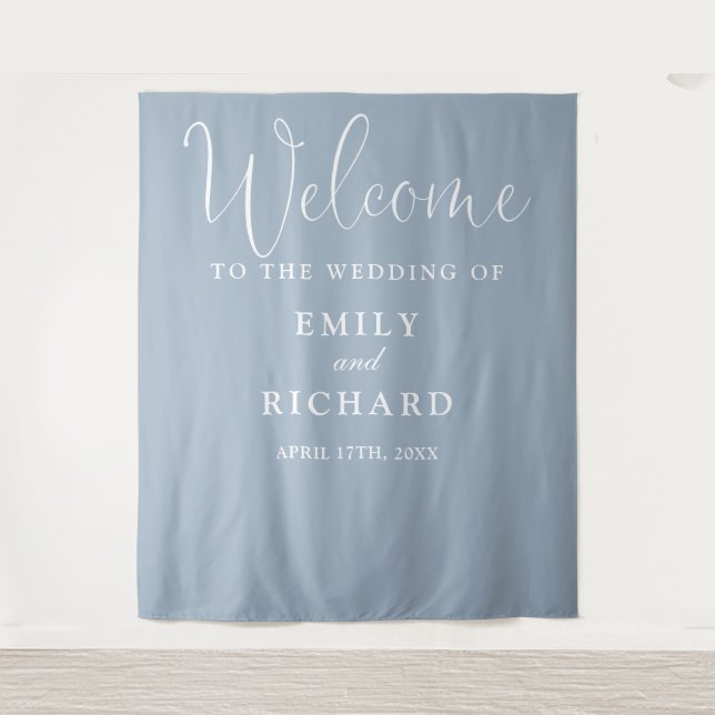 Dusty Blue Wedding Welcome Photo Backdrop Tapestry (Front)