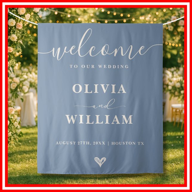 Dusty Blue Wedding Welcome Sign Backdrop Tapestry (Creator Uploaded)